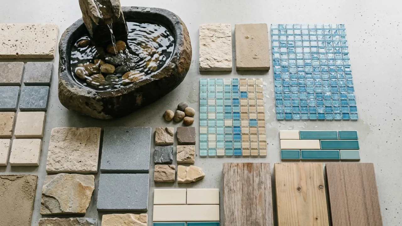 Pool design materials beside a contemporary outdoor pool